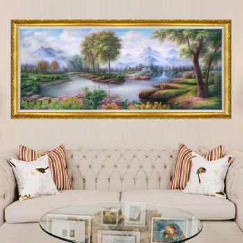 纯手绘新中式风水油画风景画聚宝盆中式手绘油画客厅挂画实木画框