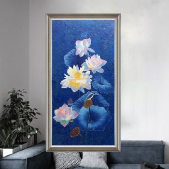 工笔画新中式花鸟油画纯手绘油画适合玄关的荷花油画莲蓬寓意多子多福