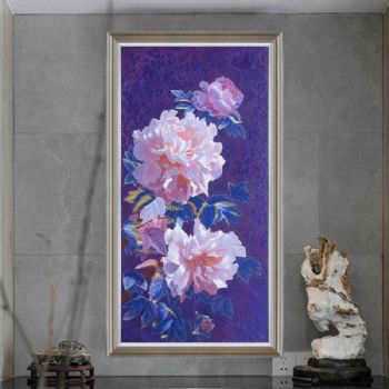 纯手绘油画工笔画新中式花鸟油画适合玄关的牡丹油画花开富贵