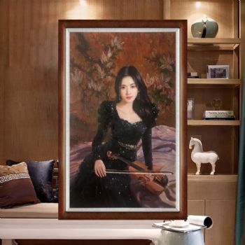 拉小提琴的女孩纯手绘油画人物油画美女写实精品油画