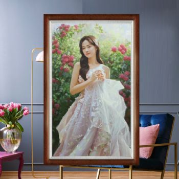 高品质美女与鲜花人物油画纯手绘写意人物油画实力画家精品油画