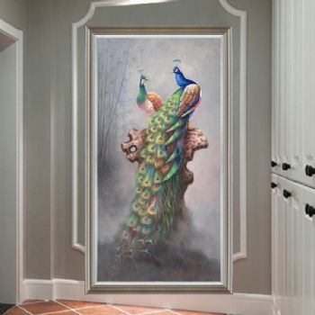 新中式动物油画纯手绘孔雀油画实力画家适合玄关的装饰油画