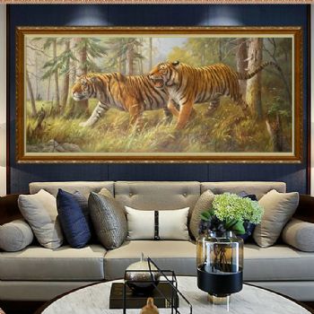 双福临门写实老虎油画纯手绘动物油画虎同福新中式手绘精品油画