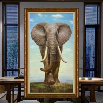 写实大象油画纯手绘动物油画大象吸财吉祥如意新中式手绘精品油画