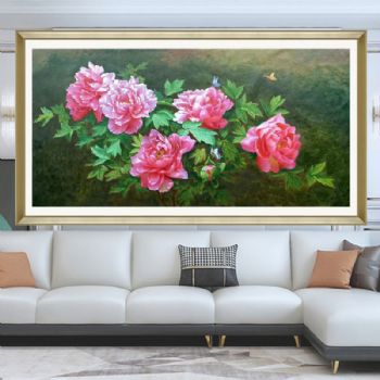 花开富贵新中式纯手绘花卉油画牡丹画客厅沙发墙写实油画