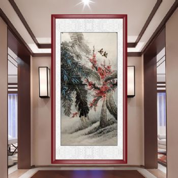 花鸟国画水墨画双飞鸟小红花装饰国画合适玄关的装饰国画