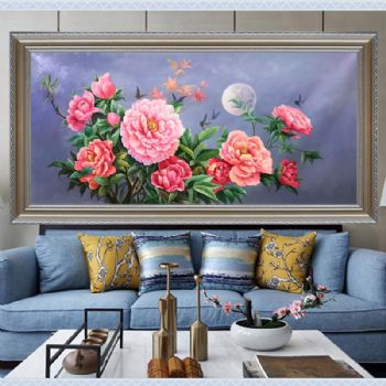 纯手绘高品质花鸟油画花好月圆适合客厅新中式风格沙发背景墙油画