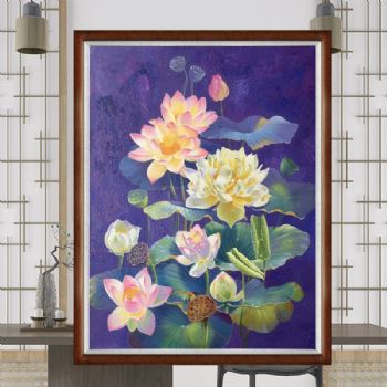 纯手绘工笔写实荷花图新中式客厅油画风景油画实木画框