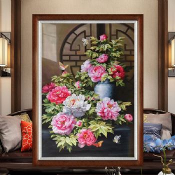 中式油画花开富贵大富大贵牡丹油画纯手绘写实油画中式客厅油画