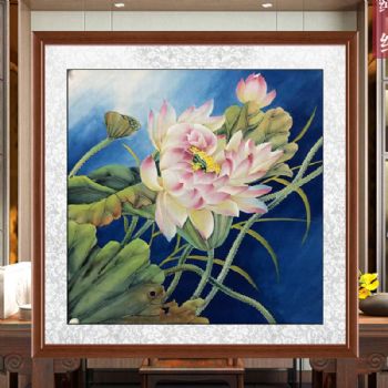 新中式工笔花鸟国画纯手绘水墨国画荷花与荷叶寓意家大业大实木画框