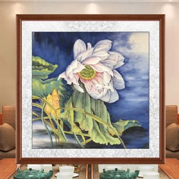 柚木色实木画框新中式工笔花鸟国画纯手绘水墨国画荷花与荷叶