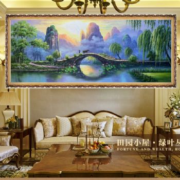 拱桥山水画纯手绘优美山水风景油画新中式风水油画春天风景油画