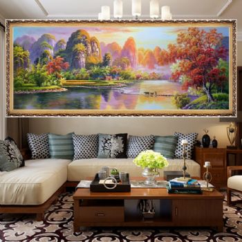 新中式鸿运当头纯手绘优美山水风景油画桂林山水甲天下农耕油画