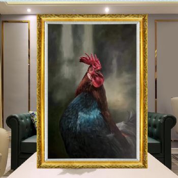 精品朝鲜油画纯手绘动物油画大公鸡写实油画雄鸡叫天下明实木金色欧式画框