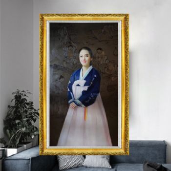 精品朝鲜油画纯手绘人物油画美女民族服饰写实油画实木金色欧式画框
