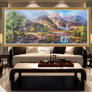 新中式山川风景油画山水风景油画纯手绘写意山水画实木画框