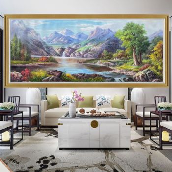 新中式风水画山川风景油画山水风景油画纯手绘写意山水画实木画框
