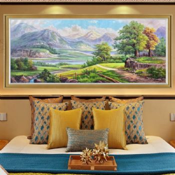 青山绿水春意盎然山水风景油画纯手绘油画实木画框