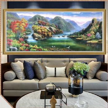新中式大型纯手绘风景油画山水画实木画框适合客厅大厅装饰画