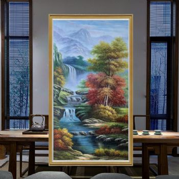 竖幅山水风景油画纯手绘写实山水画实木画框适合酒店玄关的风景油画