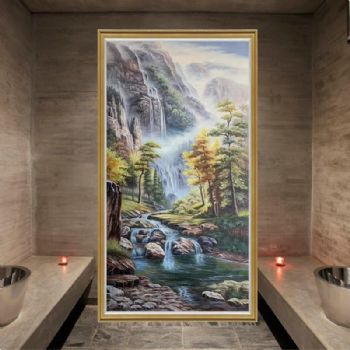 山川风景油画竖幅山水风景油画纯手绘写实山水画实木画框