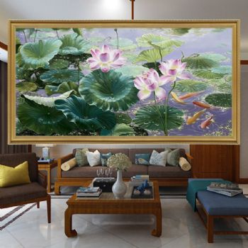 新中式风景油画荷花池写实油画和和美美连年有余纯手绘油画