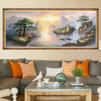 当代艺术新中式山水油画纯手绘风水油画现代艺术山水画实木画框