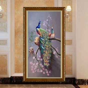 孔雀不落无宝之地纯手绘动物油画高品质玄关油画实木画框