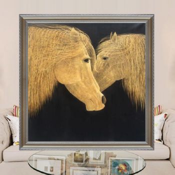 现代艺术手绘双马头图工笔写意油画实木画框