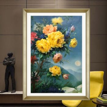 原创艺术花鸟油画纯手绘黄牡丹油画花好月圆精品手绘油画