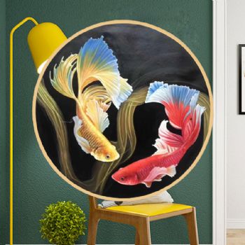 客厅床头油画新中式手绘油画双鲤鱼图适合卧室挂画实木外框动物油画