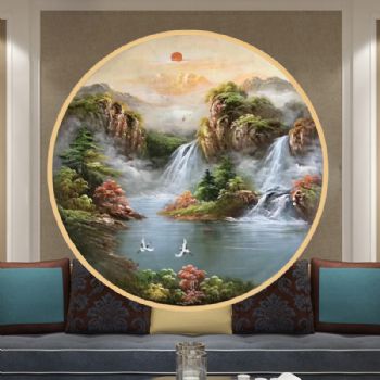 手绘风水油画新中式油画客厅办公室挂画实木圆形外框酒店装饰画