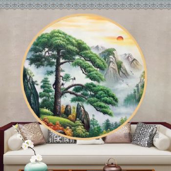新中式山水油画纯手绘迎客松客厅挂画实木外框别墅酒店客厅画订制