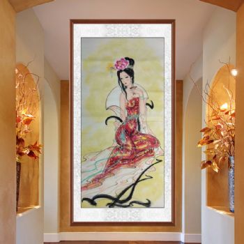 水墨写意人物国画美女醉酒写意画窈窕淑女君子好逑酒店挂画