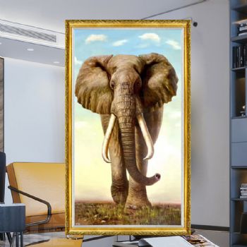 朝鲜油画雄壮的大象长鼻子吸收财气风水油画纯手绘实力画家原创