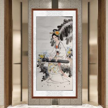 手绘菊花水墨写意人物国画芭蕉树下弹古筝美女写意画古代古装人物挂画