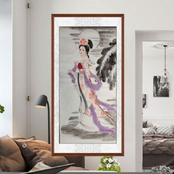 古代古装人物国画圆月下手绘水墨写意人物国画美女闭月羞花之容写意画