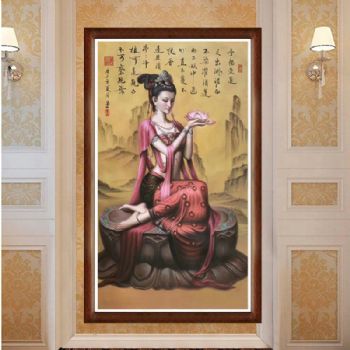 作者周敦颐爱莲说诗词与美女人物手绘油画新中式油画美女手捧莲花