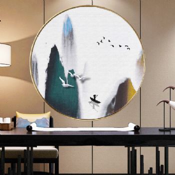 极简水墨风景画高山小船高档轻奢晶瓷画装饰画客厅样板房抽象玄关走廊挂画