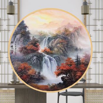 秋色图纯手绘油画新中式油画圆形山水油画风景画春夏秋冬之秋色图