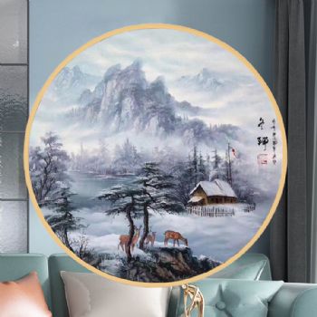 冬瑞图纯手绘油画新中式油画圆形山水油画风景画春夏秋冬之冬瑞图