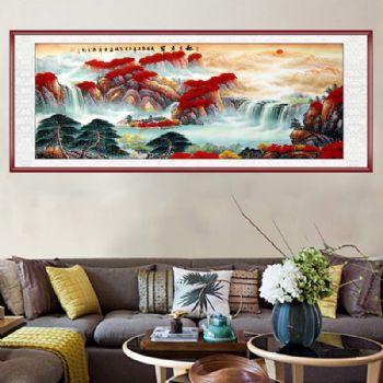 手绘旭日东升国画山水画大型水墨山水画风水画聚宝盆写意国画