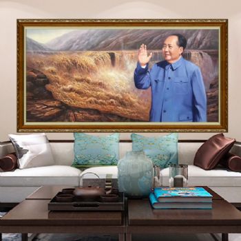 纯手绘手工人物肖像油画江山如此多娇中式油画一代伟人毛泽东黄河油画作品