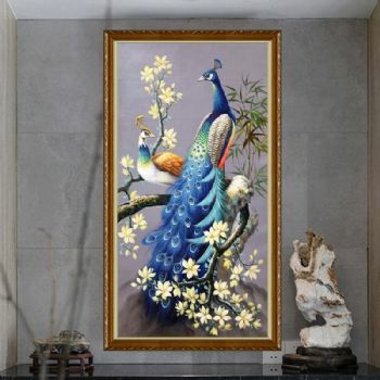 双孔雀风景油画纯手工手绘油画欧式中式客厅玄关走廊卧室挂画有框装饰画