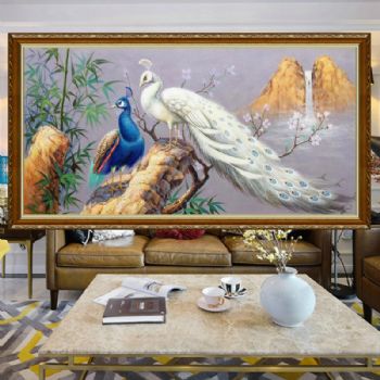 横幅白孔雀双孔雀图纯手绘油画欧式中式客厅卧室挂画孔雀风景油画