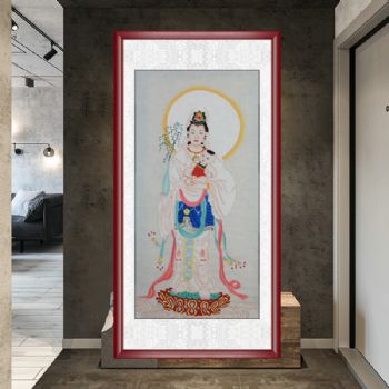 精品传统中华文化观音送子图工笔国画手绘国画水墨画