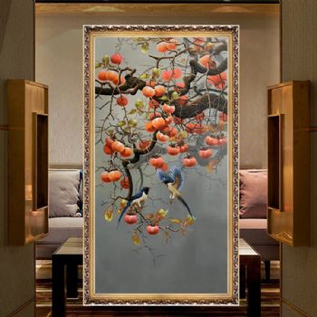 纯手绘柿柿如意喜鹊临门家有喜事油画柿子和喜鹊新中式油画