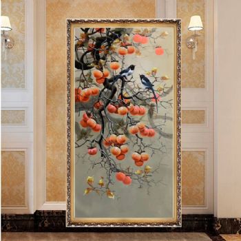 纯手绘油画柿柿如意喜上枝头家有喜事柿子和喜鹊新中式油画