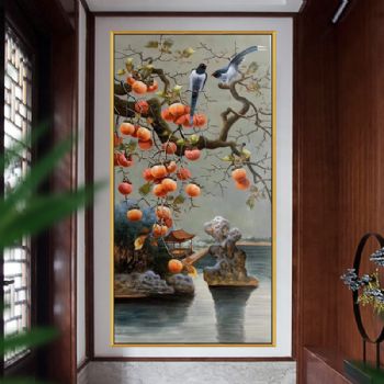 新中式手绘油画亭台楼阁池边柿子与喜鹊适合客厅餐厅油画