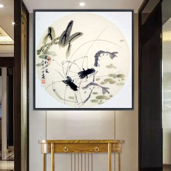 高档名家水墨虾趣图轻奢晶瓷装饰画铝合金框现代简约客厅样板房挂画